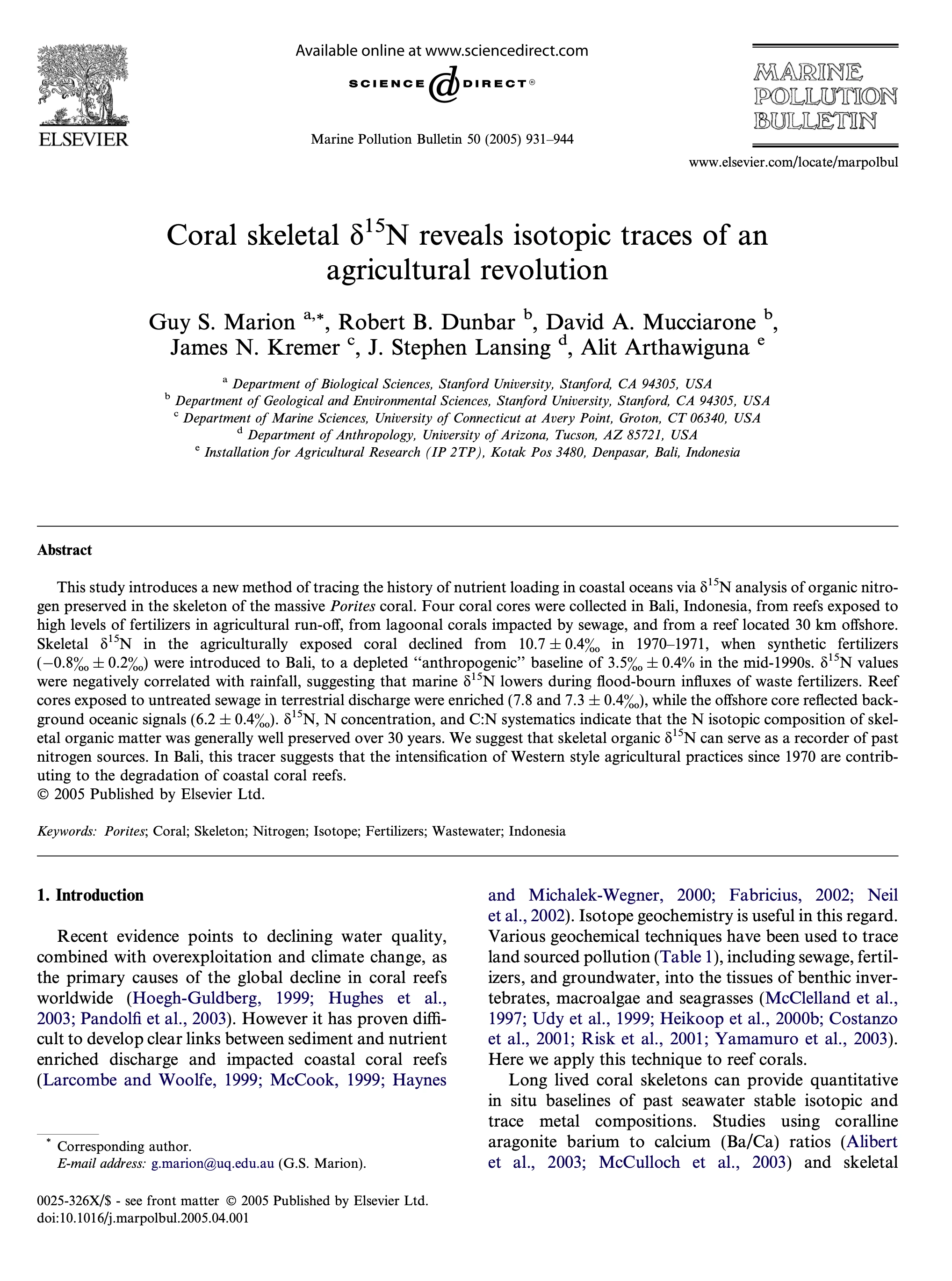 Thumbnail for "Coral sketetal nitrogen reveals isotopic traces of an agricultureal revolution"